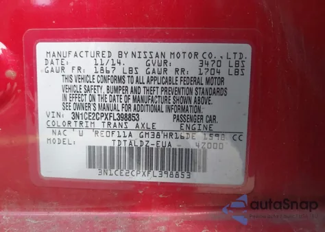 2015 Nissan Versa Note S (Sr)/S Plus/Sl/Sr/Sv из США, поврежденный, VIN 3N1CE2CPXFL398853